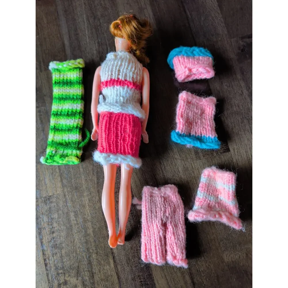 VTG 60s Barbie with Handmade Pink White Crochet Knitted Dress Plus 3 Outfits